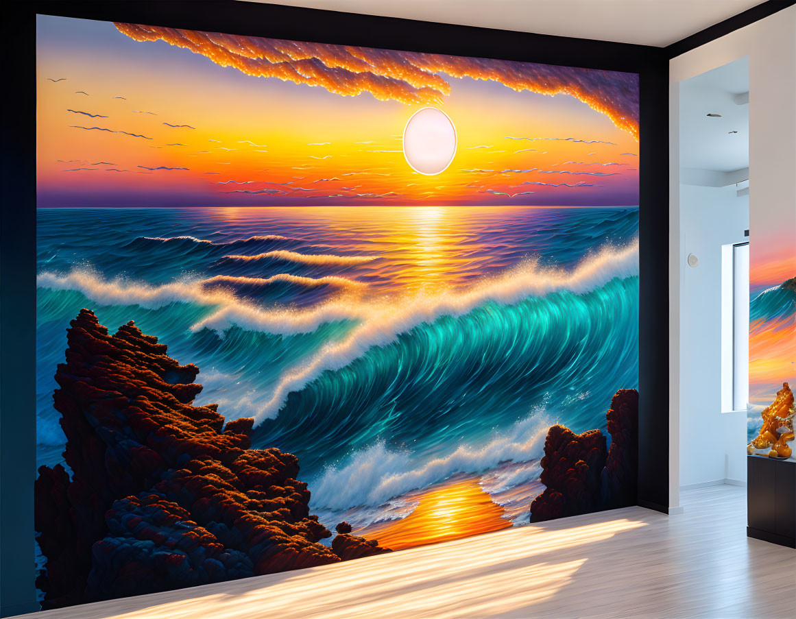 Colorful sunset mural in modern room with ocean waves and sleek furnishings