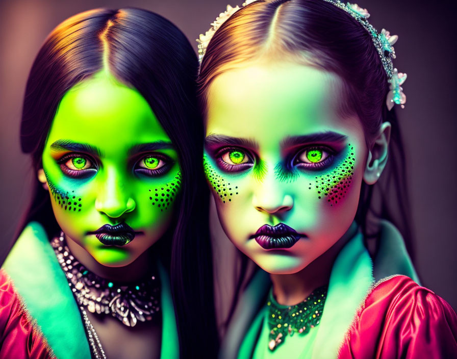 Two girls in dramatic green and black makeup with ornate headpieces and vibrant clothing.