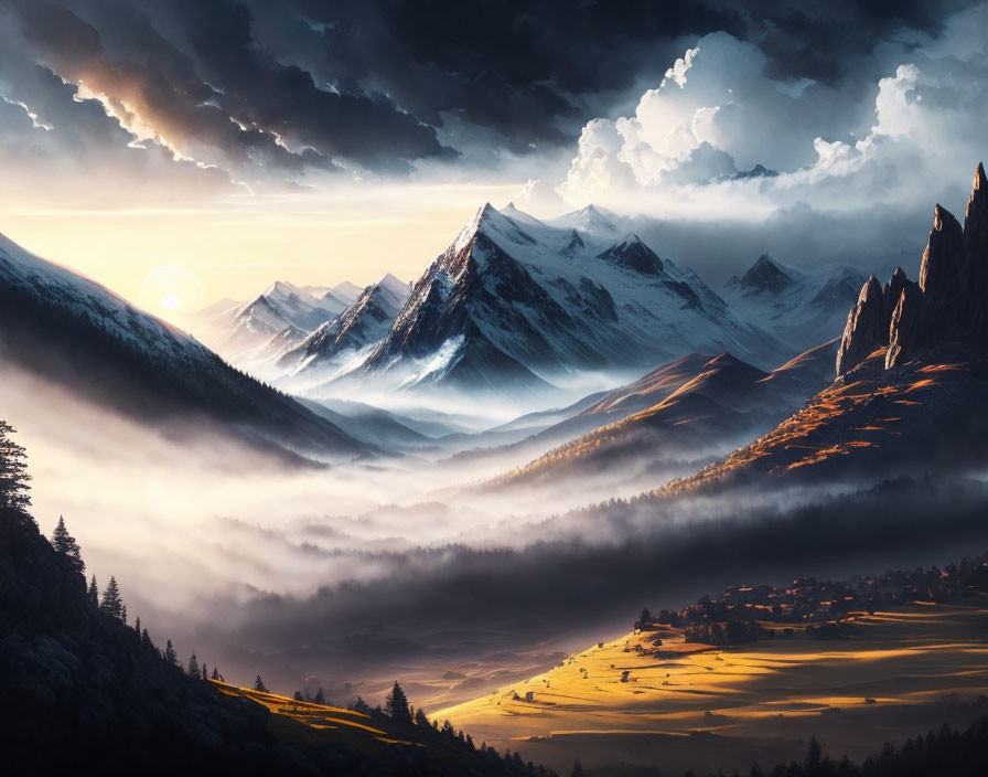 Sunrise over Majestic Mountain Peaks and Clouds with Sunbeams