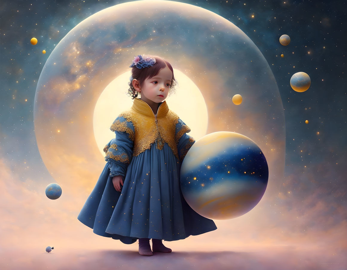 Young girl in vintage dress holding planet in cosmic backdrop