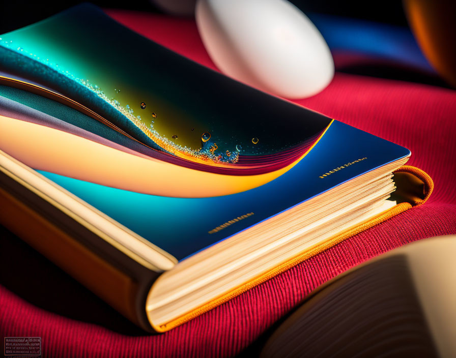 Colorful abstract design book with droplets on cover resting on another book with visible pages, red backdrop