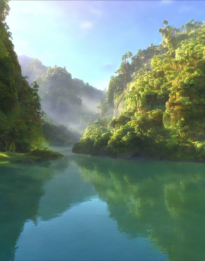 Tranquil river in sunlit forest with mist: Serene landscape