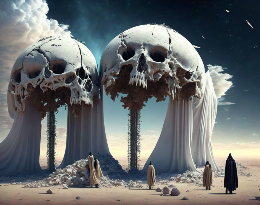 Surreal landscape featuring skull-shaped structures on towers and figures in robes under a dusky sky