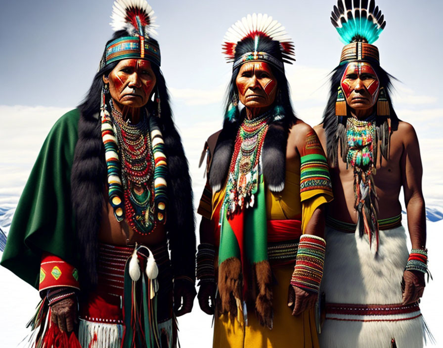 Three individuals in traditional Native American regalia with feather headdresses and vibrant clothing against a sky backdrop