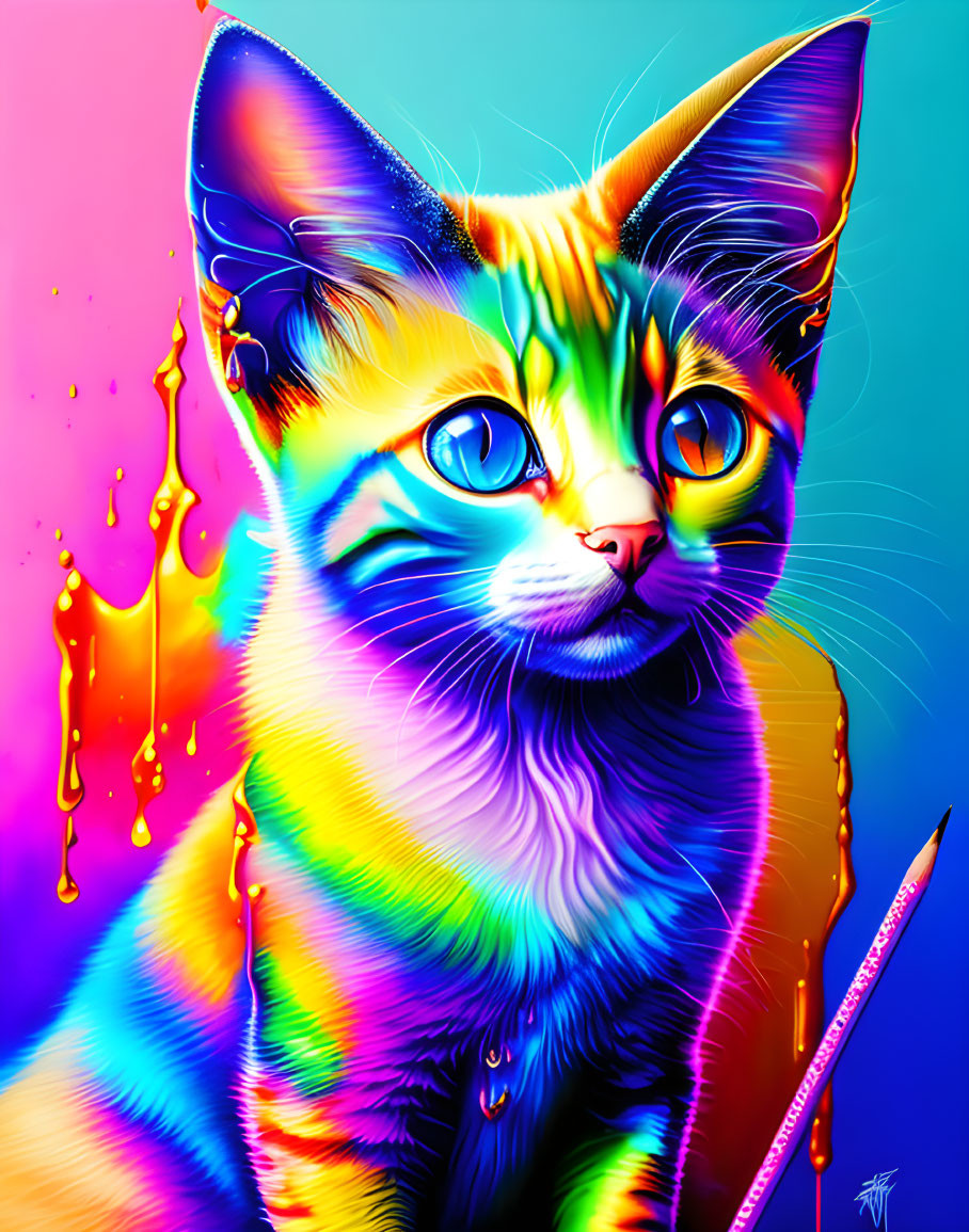 Colorful Cat Illustration with Neon Rainbow Palette and Dripping Paint Effects