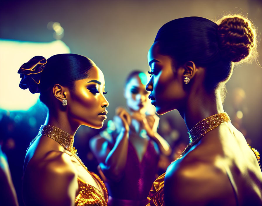 Sophisticated women with updos in gold attire in dramatic setting