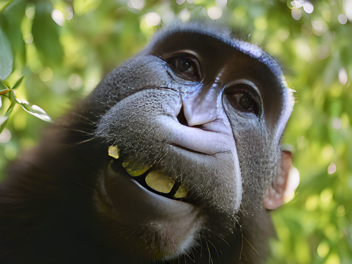 Chimpanzee face close-up with eyes and toothy grin on green background