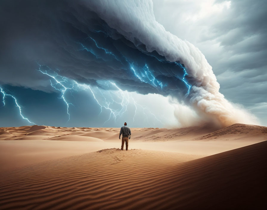 Person standing on desert dune watching surreal storm cloud with lightning bolts