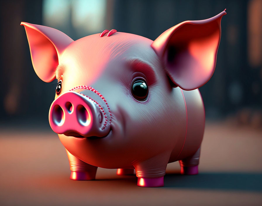 Pink glossy cartoon piggy bank on reflective surface