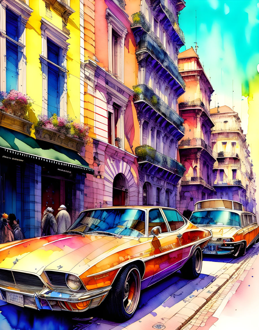 Colorful street scene with classic cars under blue sky