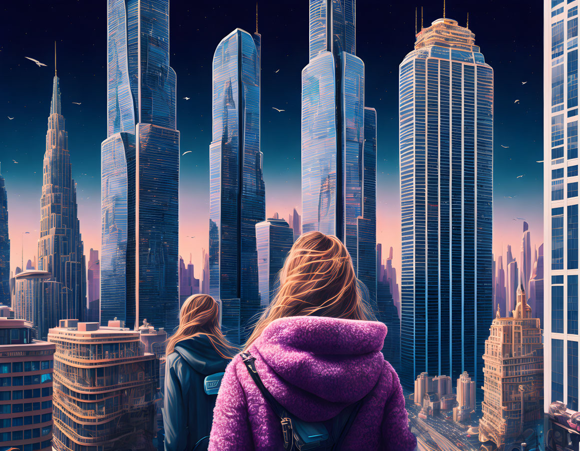 Person with backpack observing futuristic skyline with tall skyscrapers at twilight.