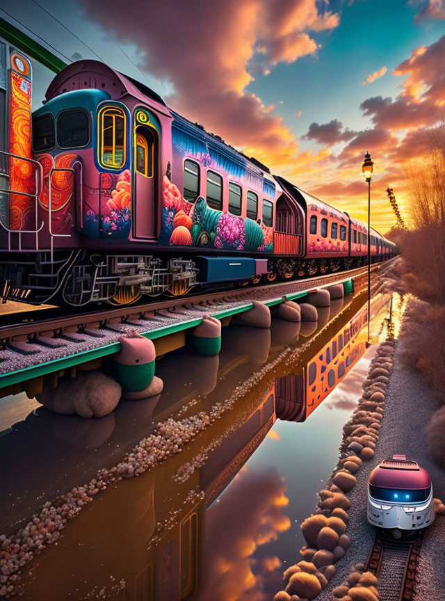 Colorful Train Reflected in Water Under Dramatic Sunset Sky