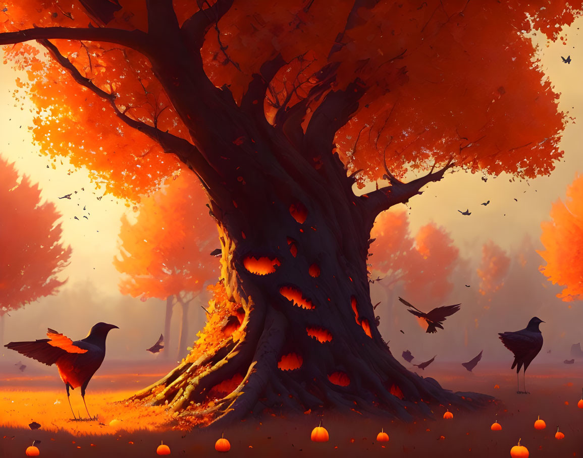 Vibrant autumn landscape with red tree, fallen apples, and birds under orange sky