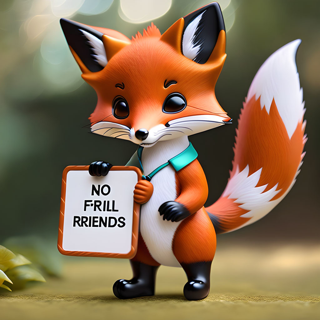 Anthropomorphic fox with "NO FRILL FRIENDS" sign in nature.