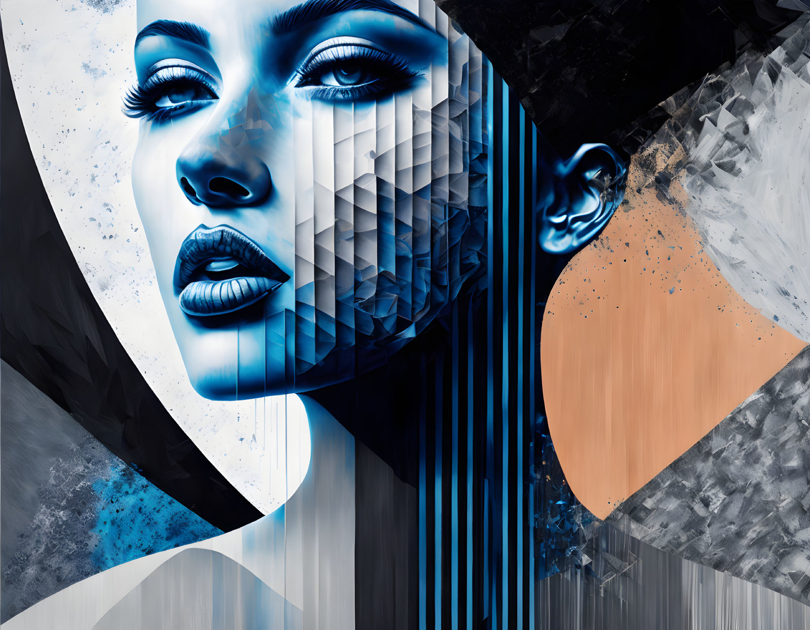 Dualistic Woman's Face Artwork in Blue, White, and Peach