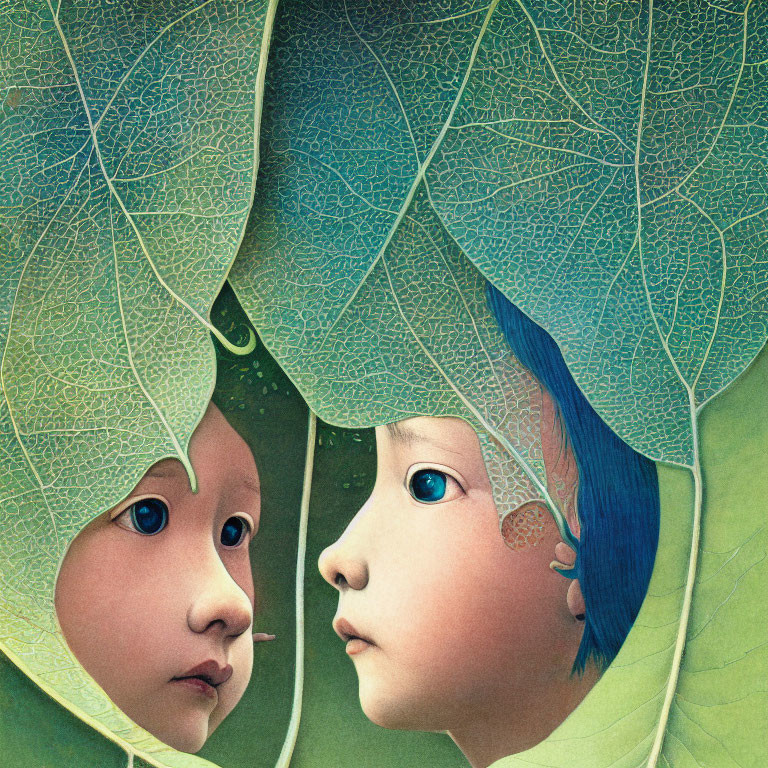 Illustrated children's faces merge with intricate leaf vein patterns