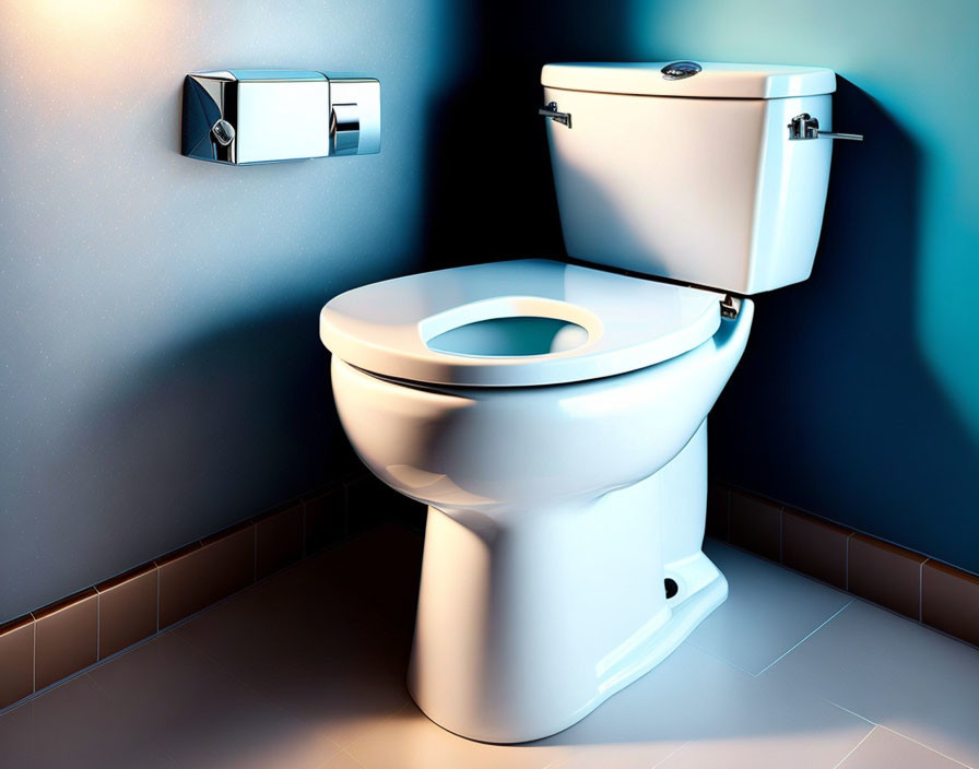 White Toilet in Blue and Brown Bathroom