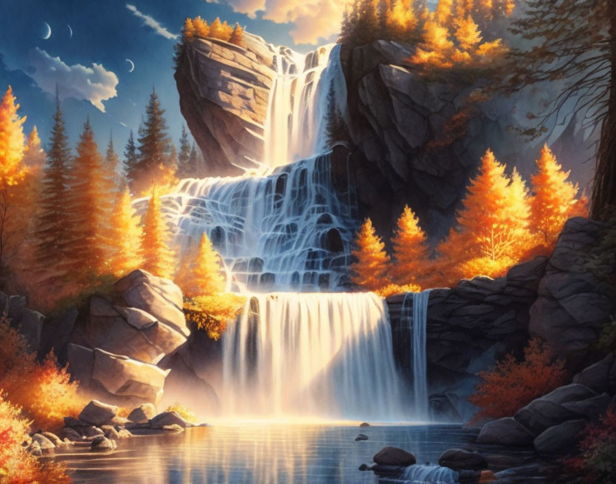 Tranquil digital art: waterfall, autumn trees, sunlight, crescent moon