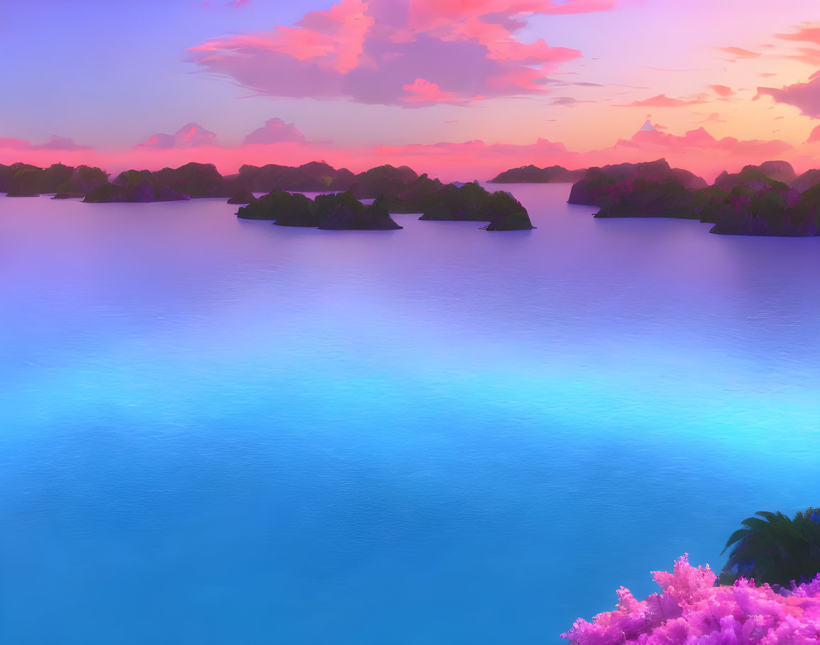 Vibrant pink and purple tropical seascape at dusk