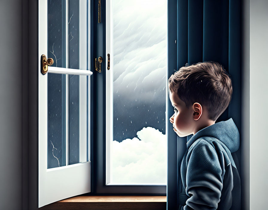 Child looking out open window at cloudy sky with sunlight rays