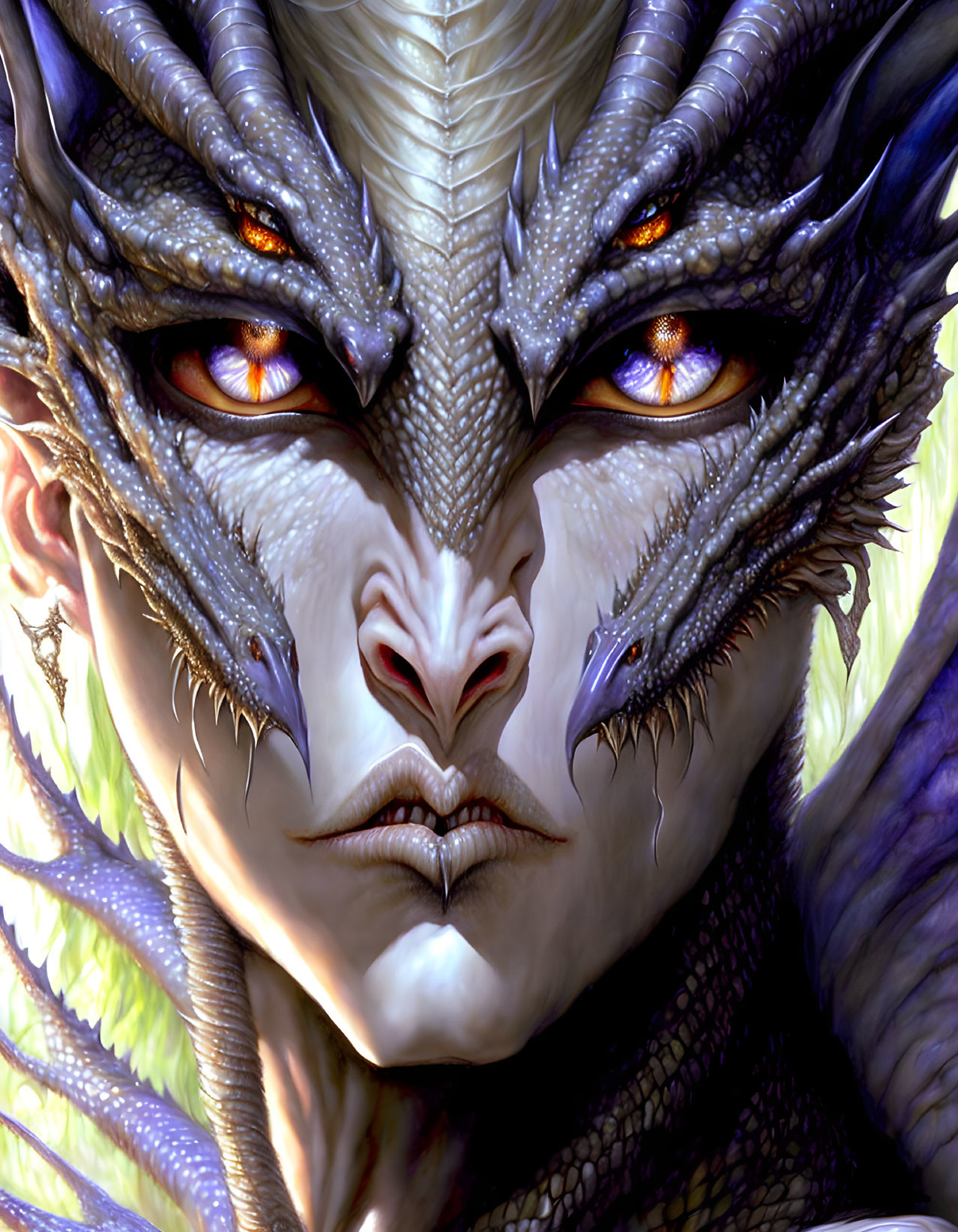 Detailed Dragon-Human Hybrid with Scales and Orange Eyes