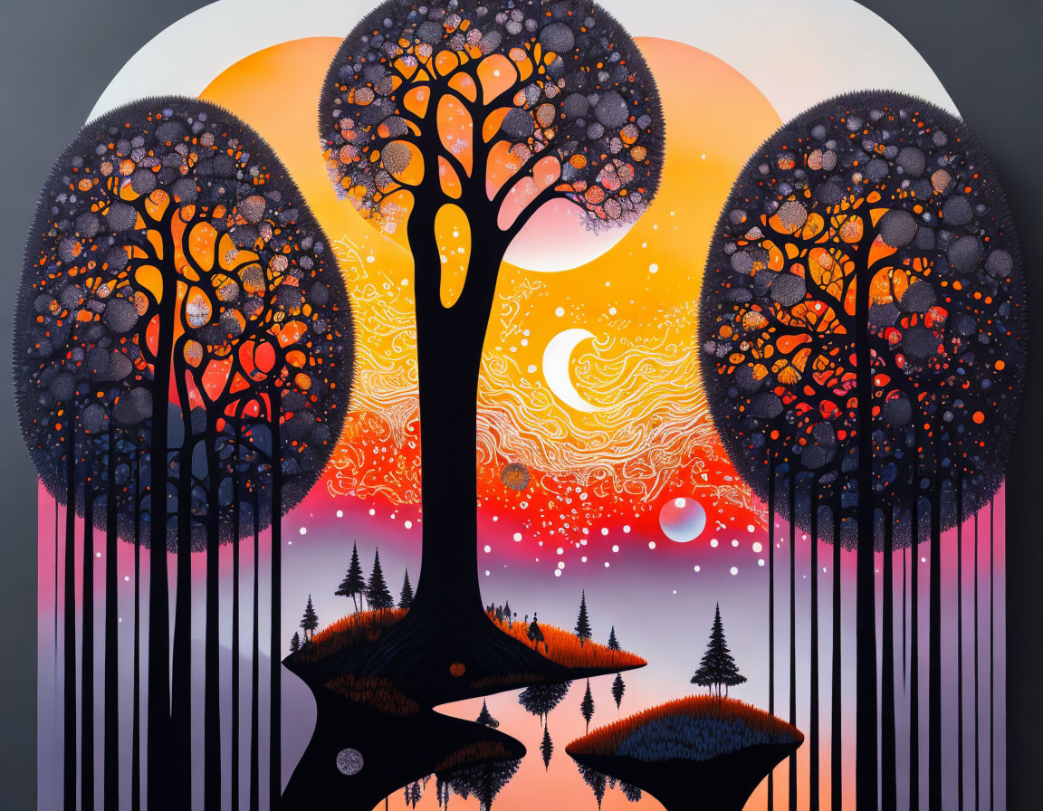 Surreal artwork: stylized trees, sunset scene, crescent moon, vibrant colors.