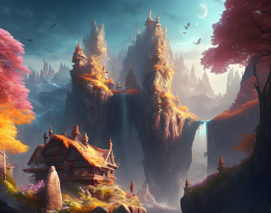 Mystical landscape with traditional house, cliff, peaks, waterfalls, autumn trees, birds.