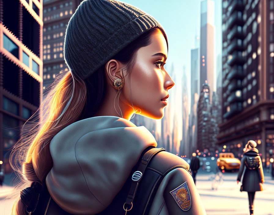 Digital Artwork: Woman with Beanie and Backpack in City Street at Sunset