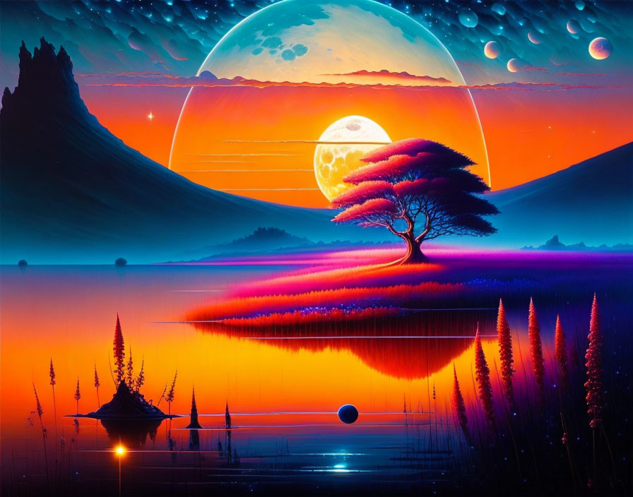 Surreal landscape with moon, tree, lake, planets, gradient sky