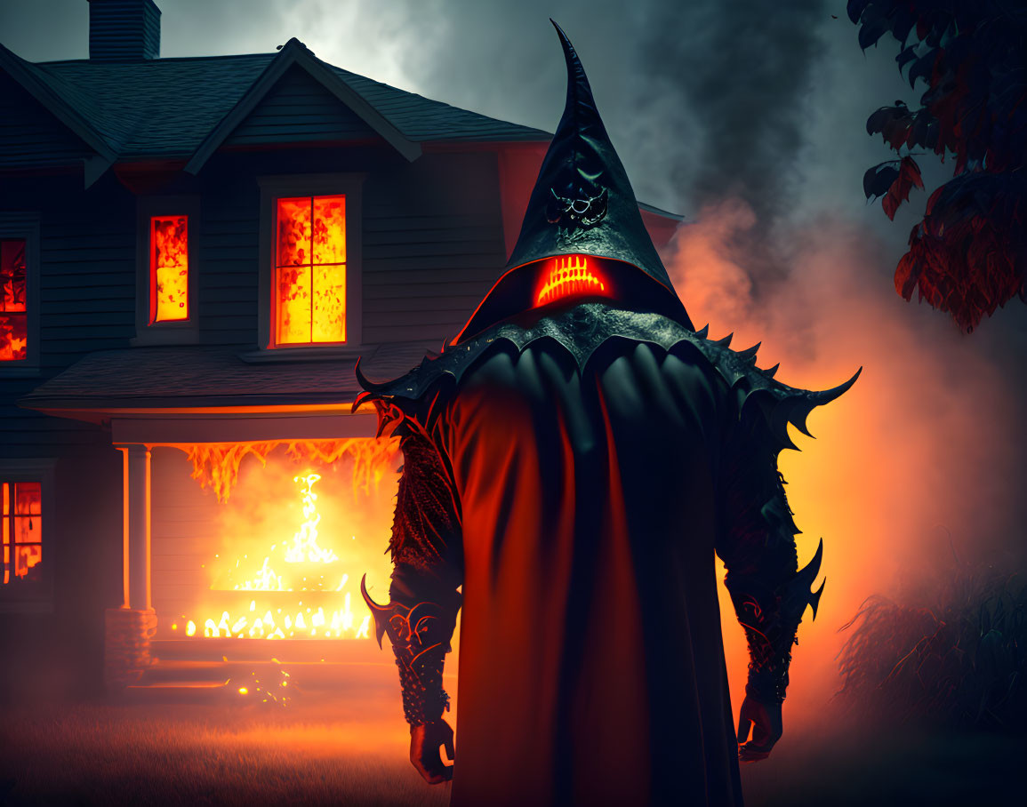 Sinister figure in dark cape with spikes and hood before fiery house.