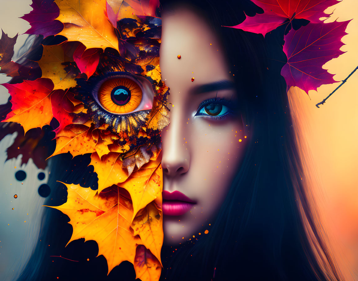 Split composition: woman's face & owl's eye with autumn leaves