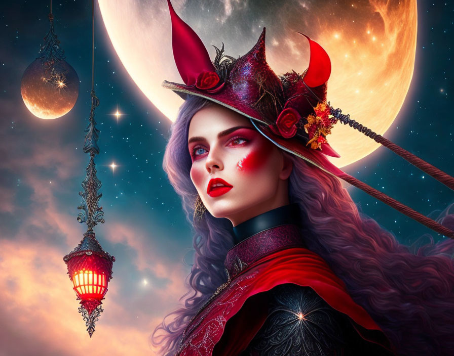 Mystical woman with crescent moon hat under night sky