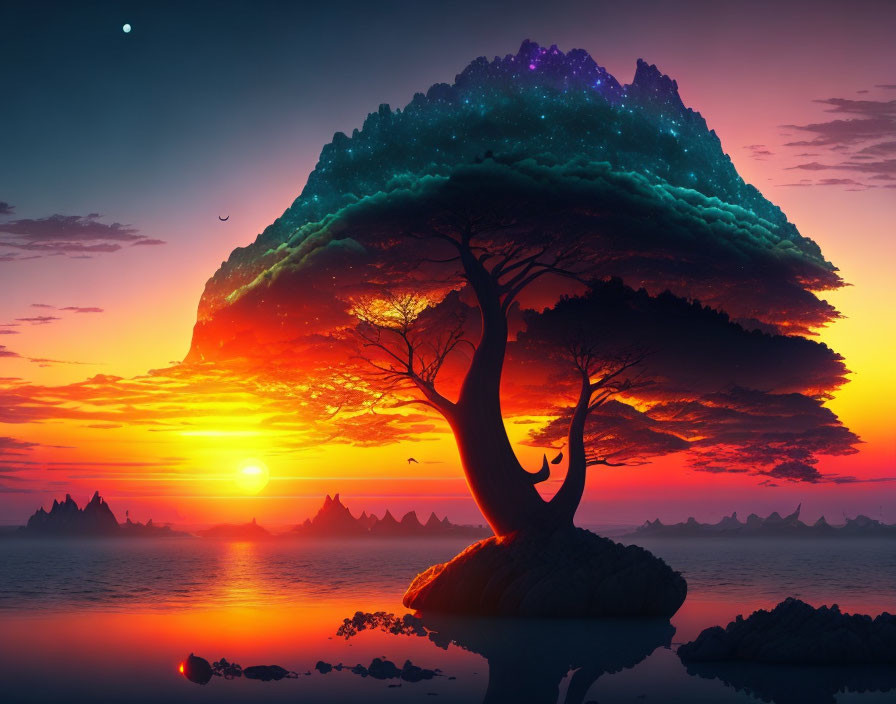 Surreal landscape with colossal tree on islet under mesmerizing sunset