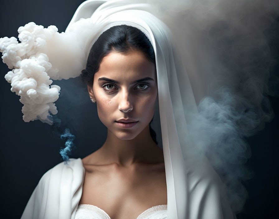 Woman in white veil surrounded by swirling smoke