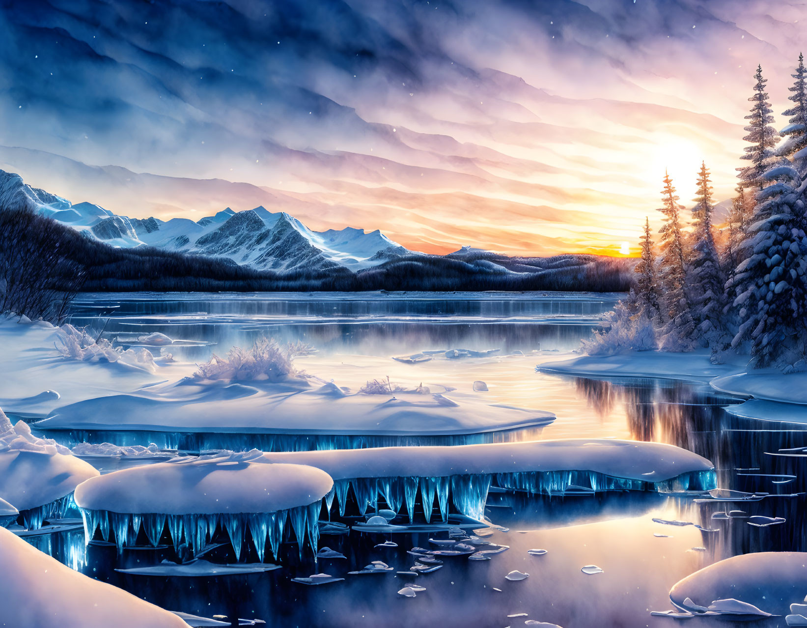 Snow-covered winter landscape with frozen lake, icy formations, and twilight sky