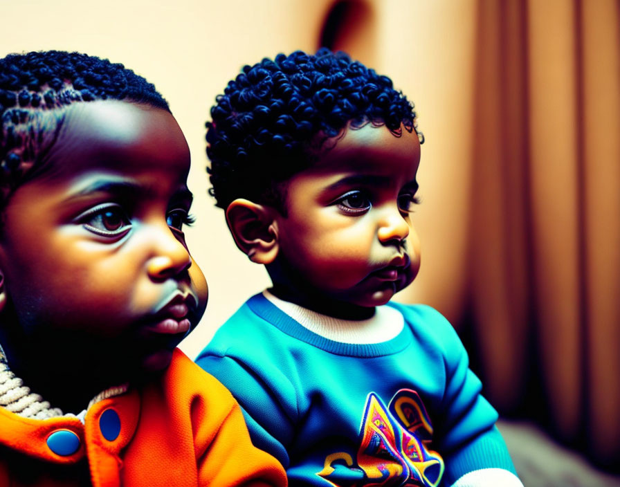 Curly-Haired Toddlers in Orange and Blue Sitting Together