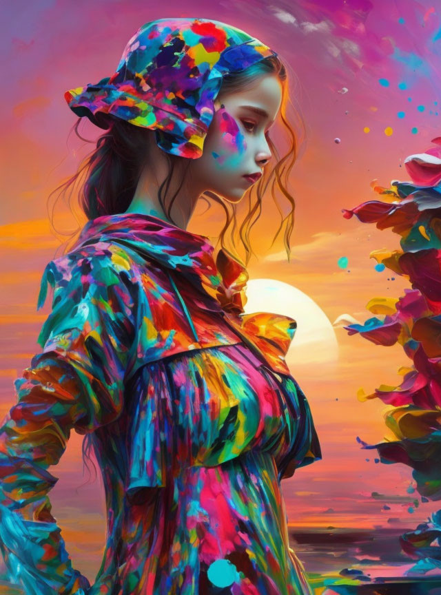 Vibrant woman in multicolored attire against sunset background