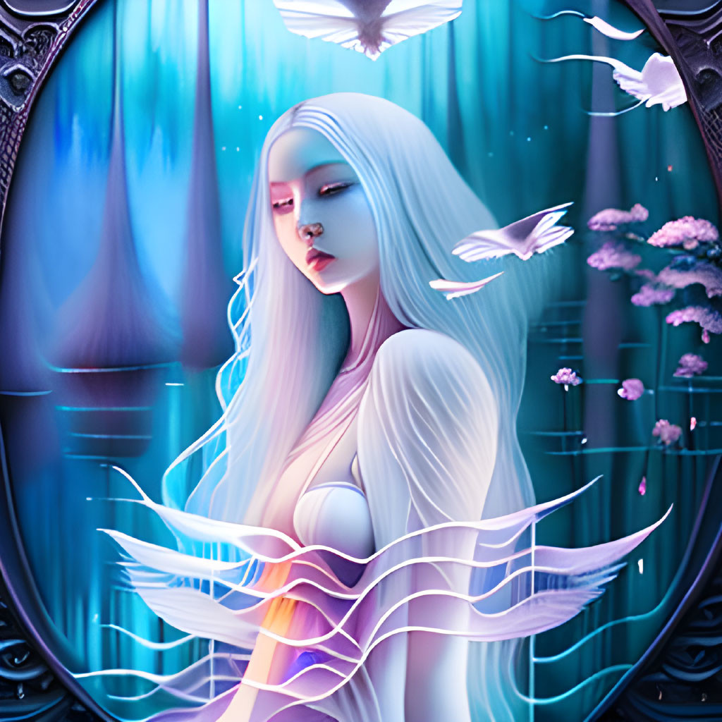 Surreal illustration of pale woman with birds and butterflies on vibrant blue background