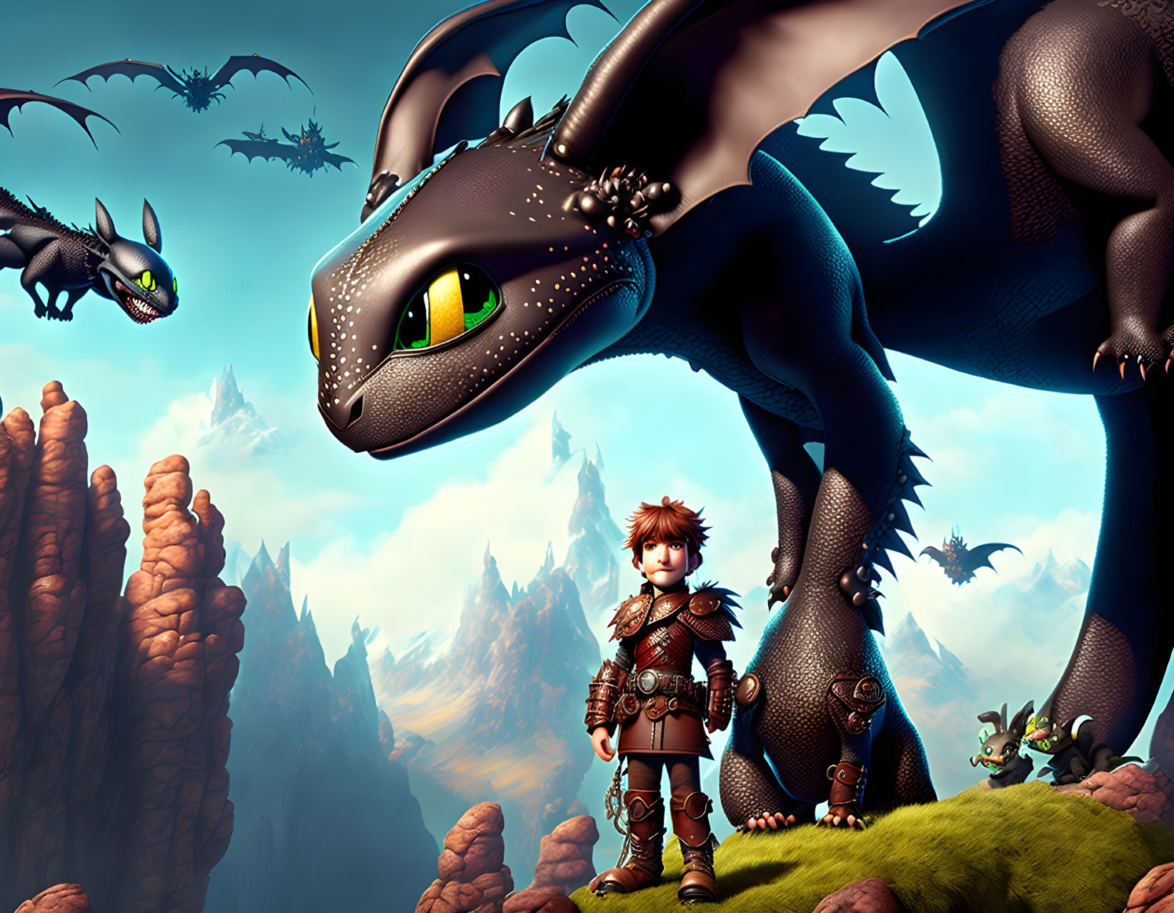 Young Viking boy with black dragon in rocky landscape surrounded by flying dragons