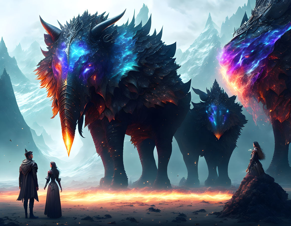 Fantastical image: Cloaked figures, cosmic dragons, volcanic landscape