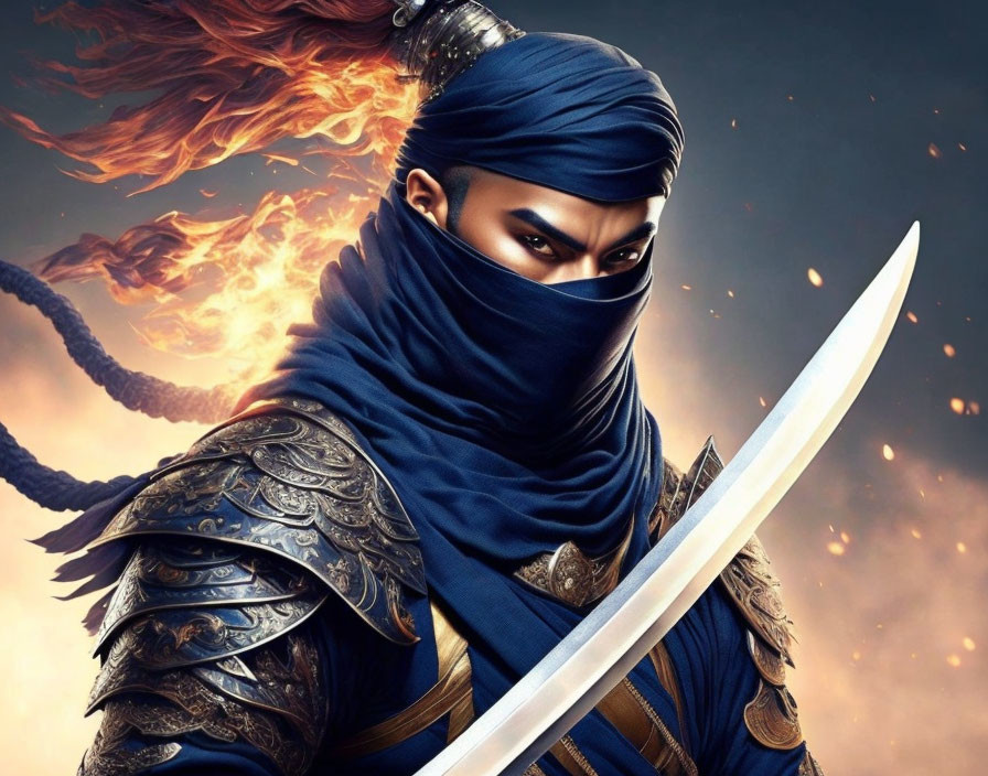 Masked Warrior in Blue Attire with Sword in Fiery Battle Background