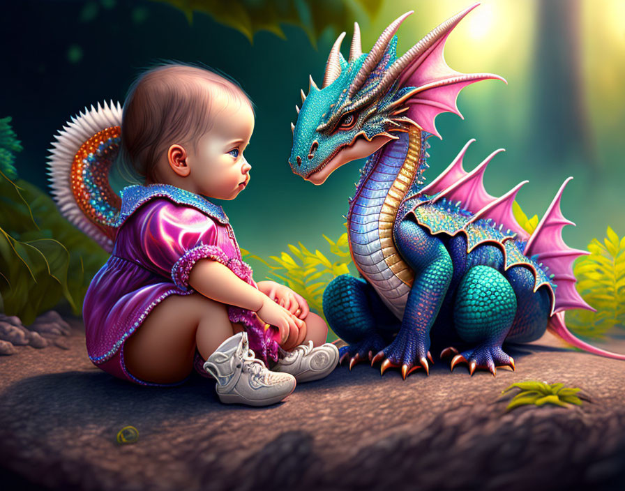 Baby in purple outfit with colorful dragon in magical forest