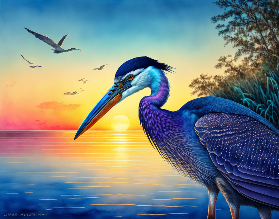 Colorful Heron and Seagull by Sunset Waters