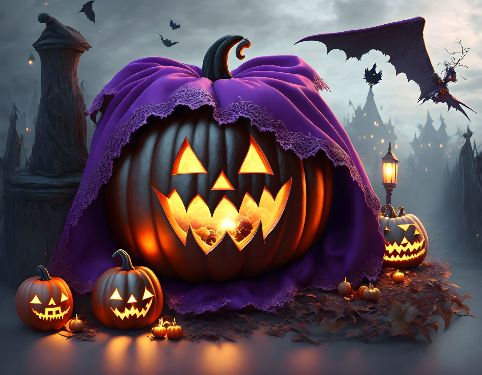 Glowing Jack-o'-lanterns Display with Large Pumpkin and Bats