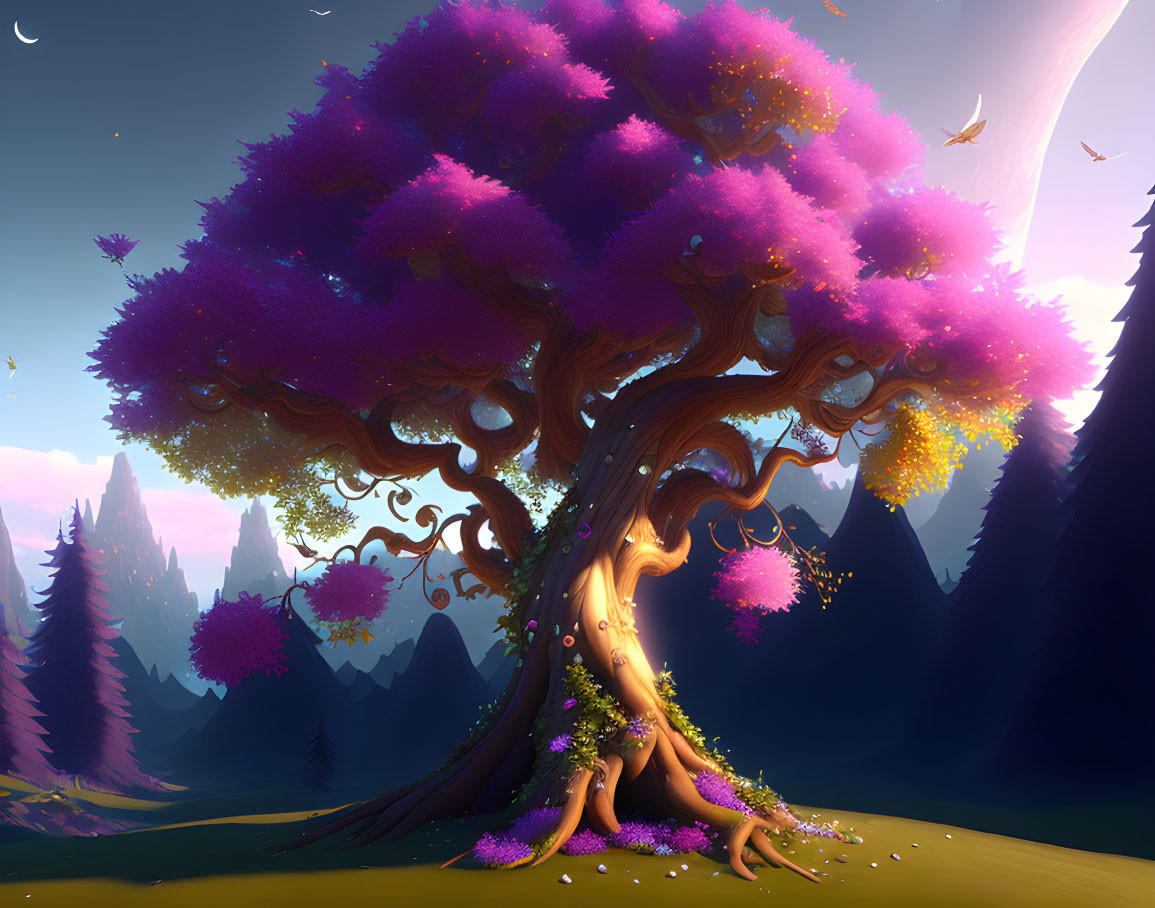 Fantasy tree with purple foliage against mountain backdrop and twilight sky