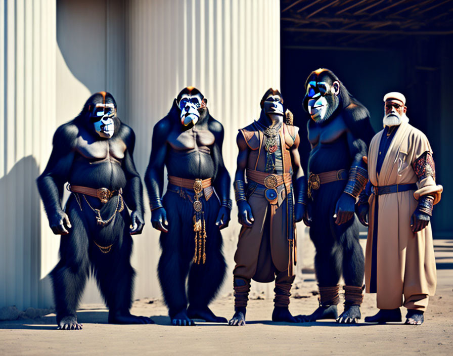 Group of five people in gorilla and elderly man costumes in front of a building