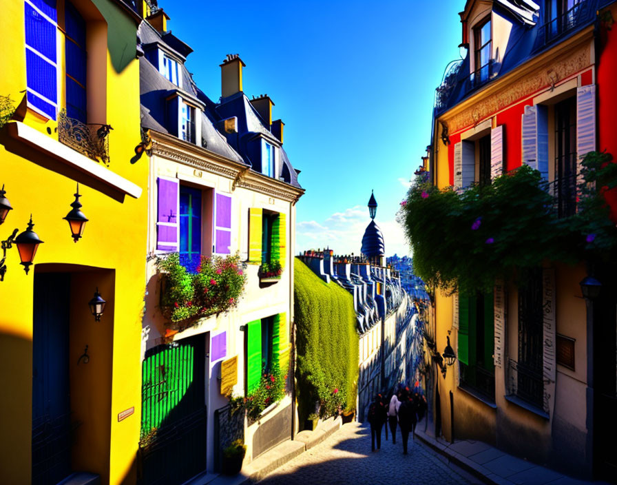 Colorful European Street Scene with Pedestrians and Greenery