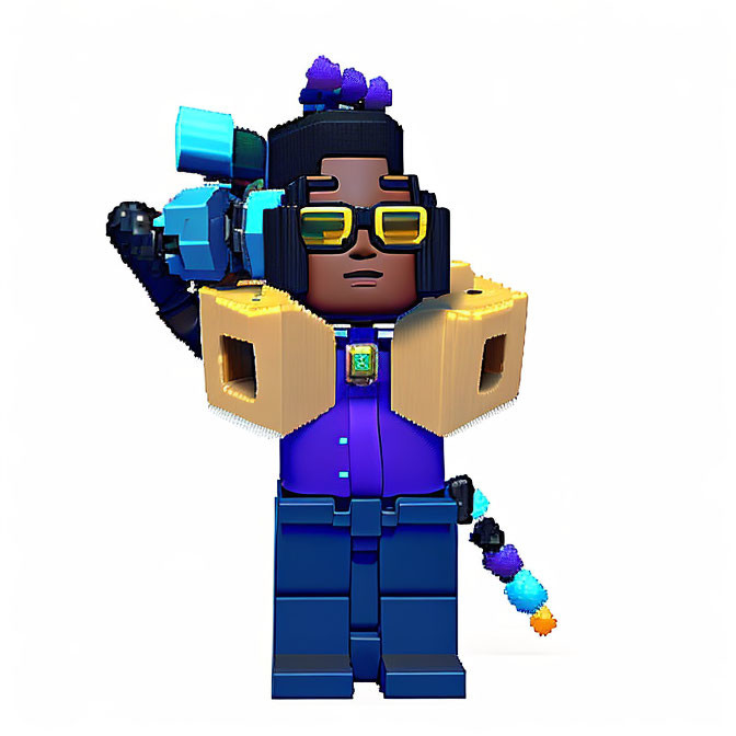 Stylized 3D animation of character with oversized headphones, sunglasses, blue suit, purple hair