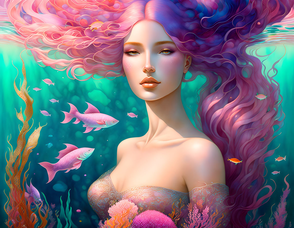 Surreal underwater illustration with woman, pink hair, coral, and fish