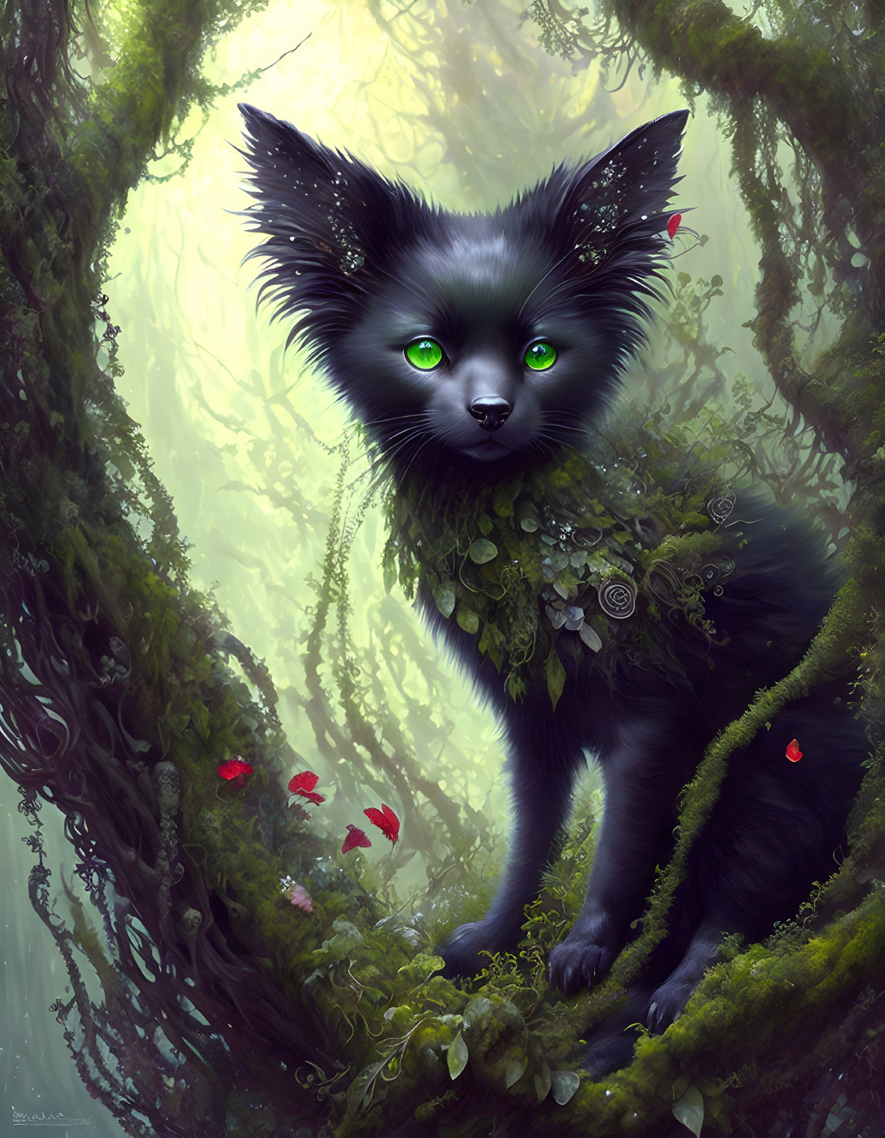 Black cat with green eyes in enchanted forest with foliage necklaces